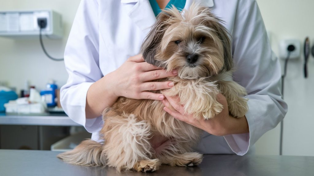Veterinario examinando a un perro con cariño