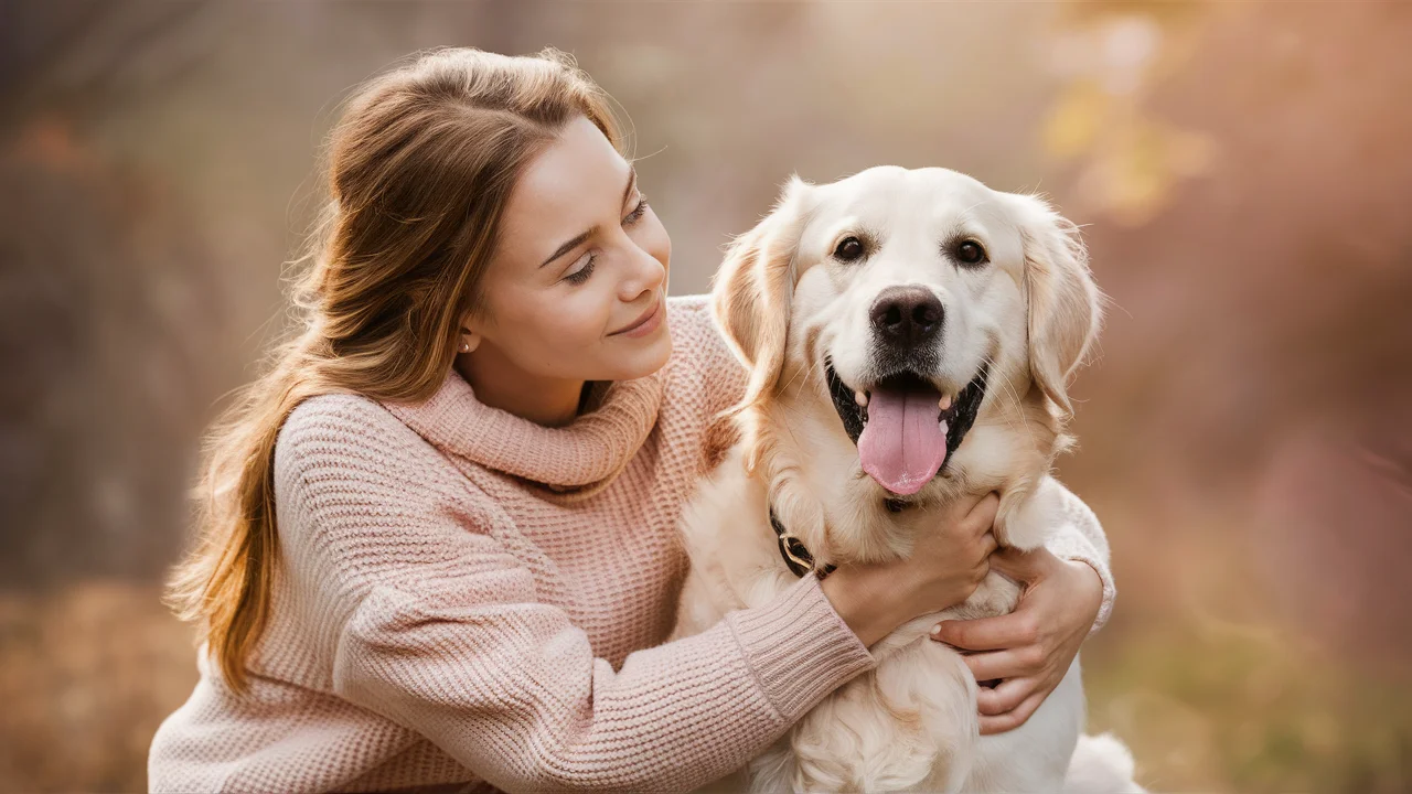 mujer mirando con felicidad a su perro golden retriever