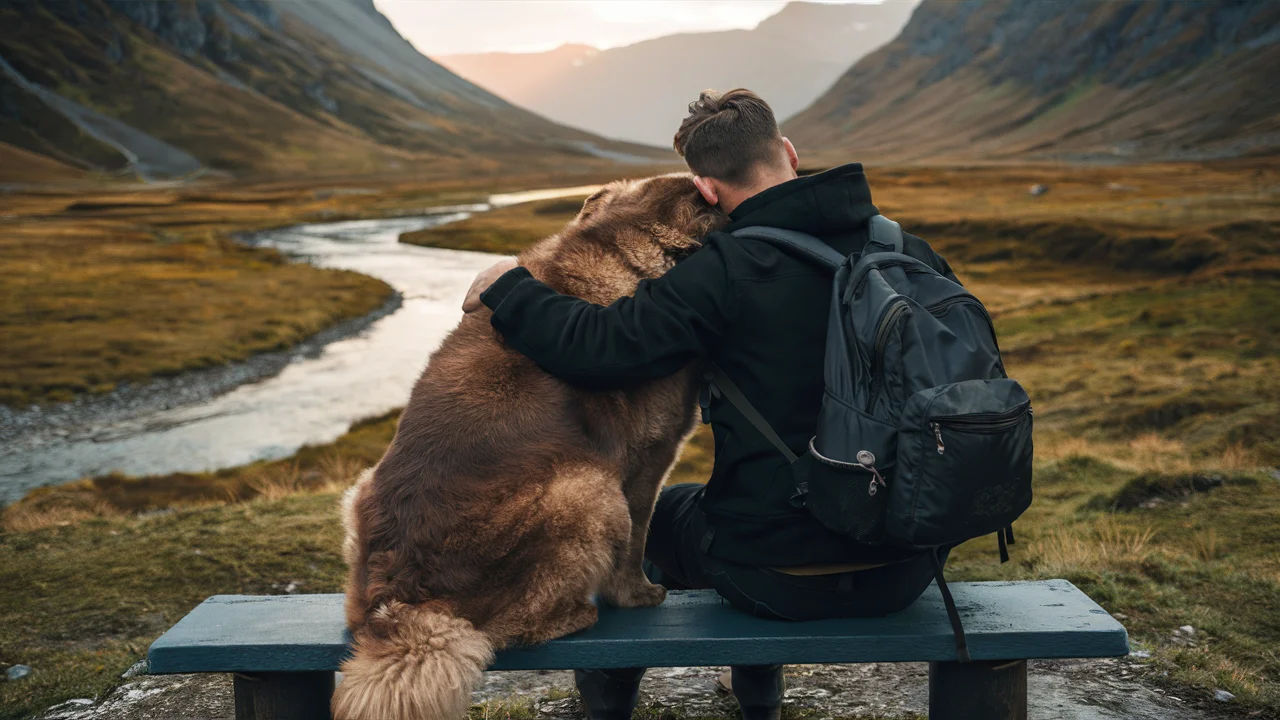 perro marron con su amo sentados en un banco azul oscuro en la naturaleza