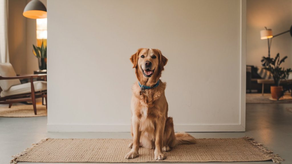 un perro feliz sentado en una casa sobre una alfombra marron