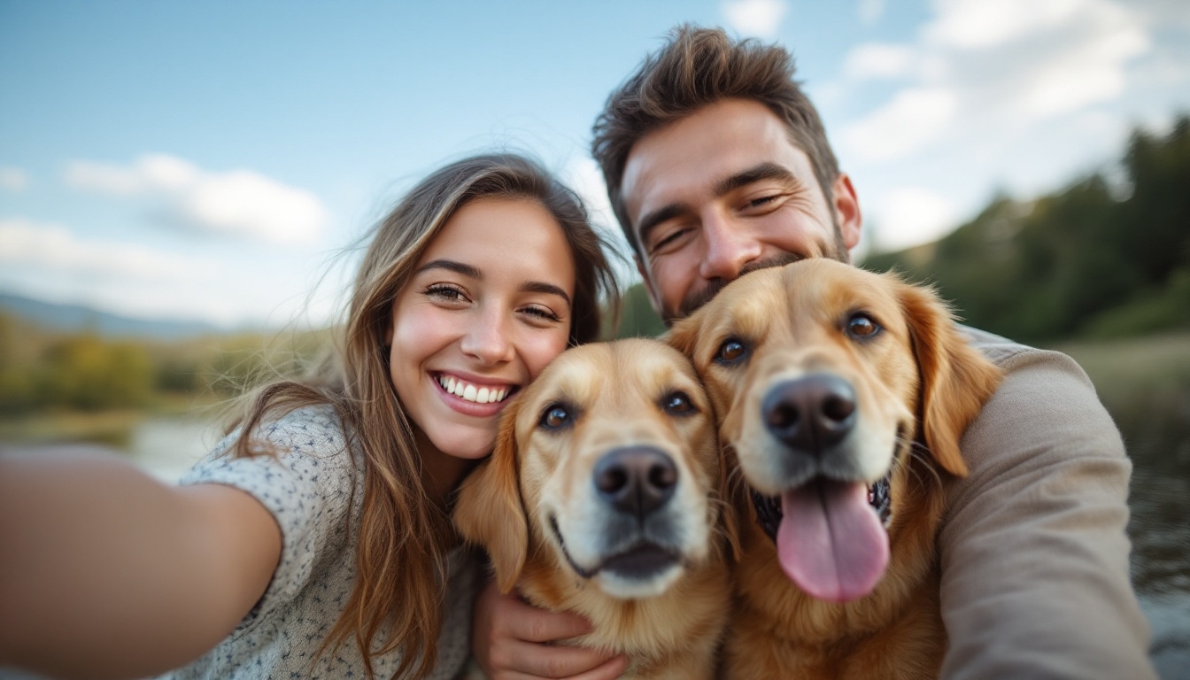 familia feliz con sus dos perros